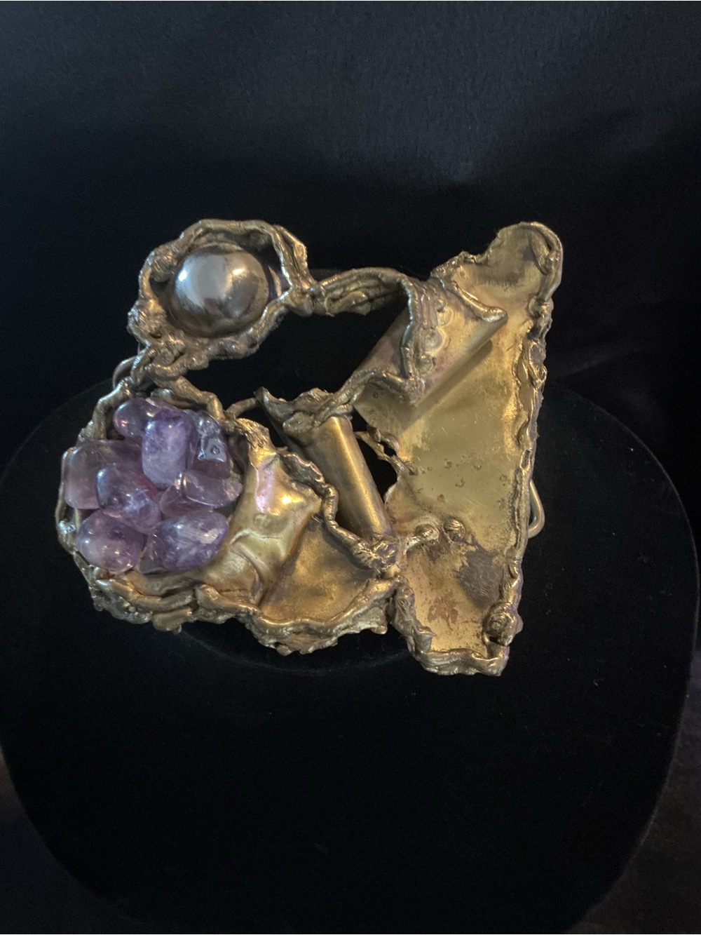 Vintage Brass Brutalist Belt Buckle Copa Collection made in Brazil Amethyst Ston